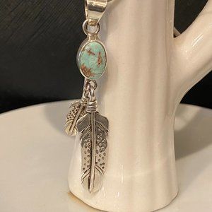 Genuine Dry Creek Turquoise Feather Sterling Silver Pendant